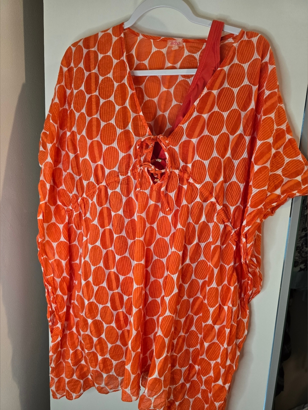 Orange White Polka Dot Sheer Swim Cover Up Tunic Vacation Resort Beach Pool